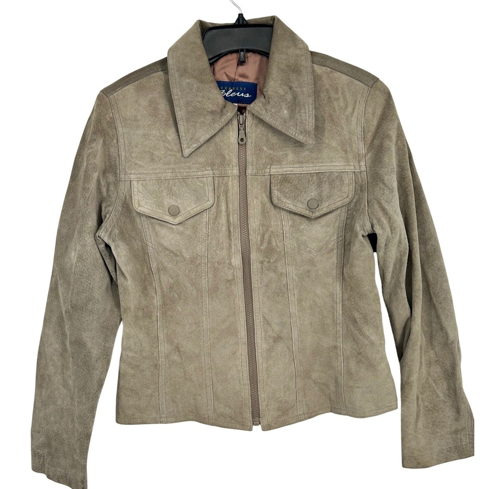 Express Bleus Womens Small Tan Suede Leather Full Zip Jacket Vintage 90s - WD